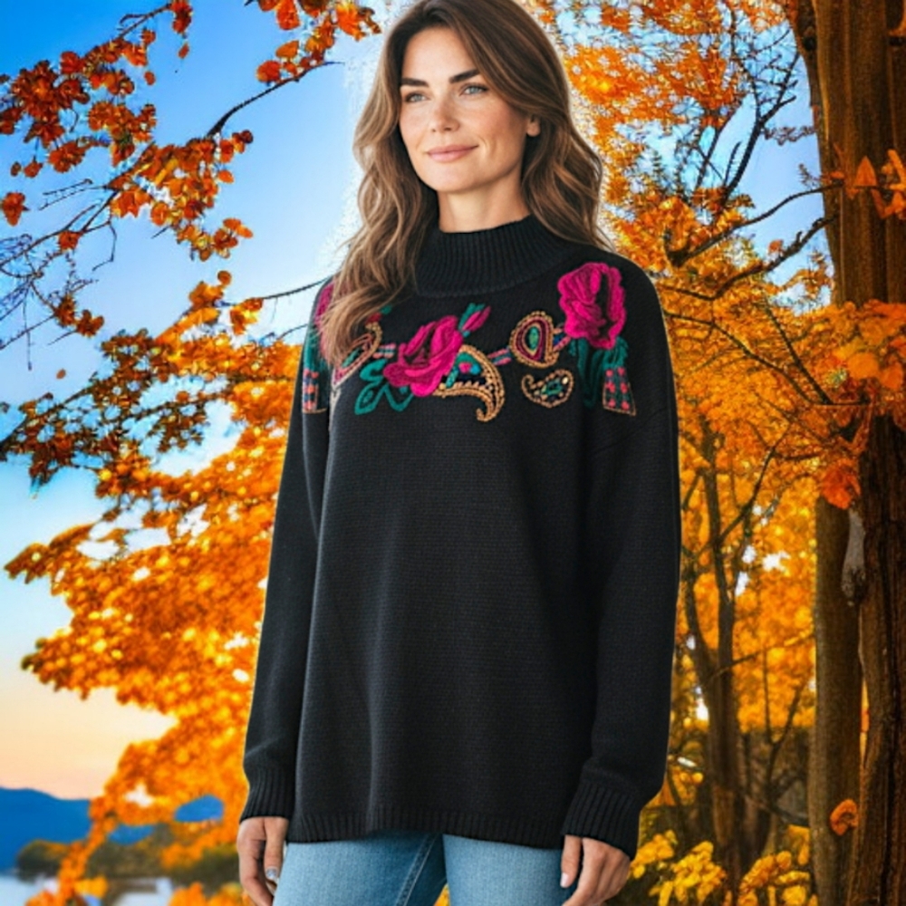 Vtg Stefano‎ Cozy Floral Sweater Plus Sz 18 20 Embroidery 90s Cottage Ramie Knit
